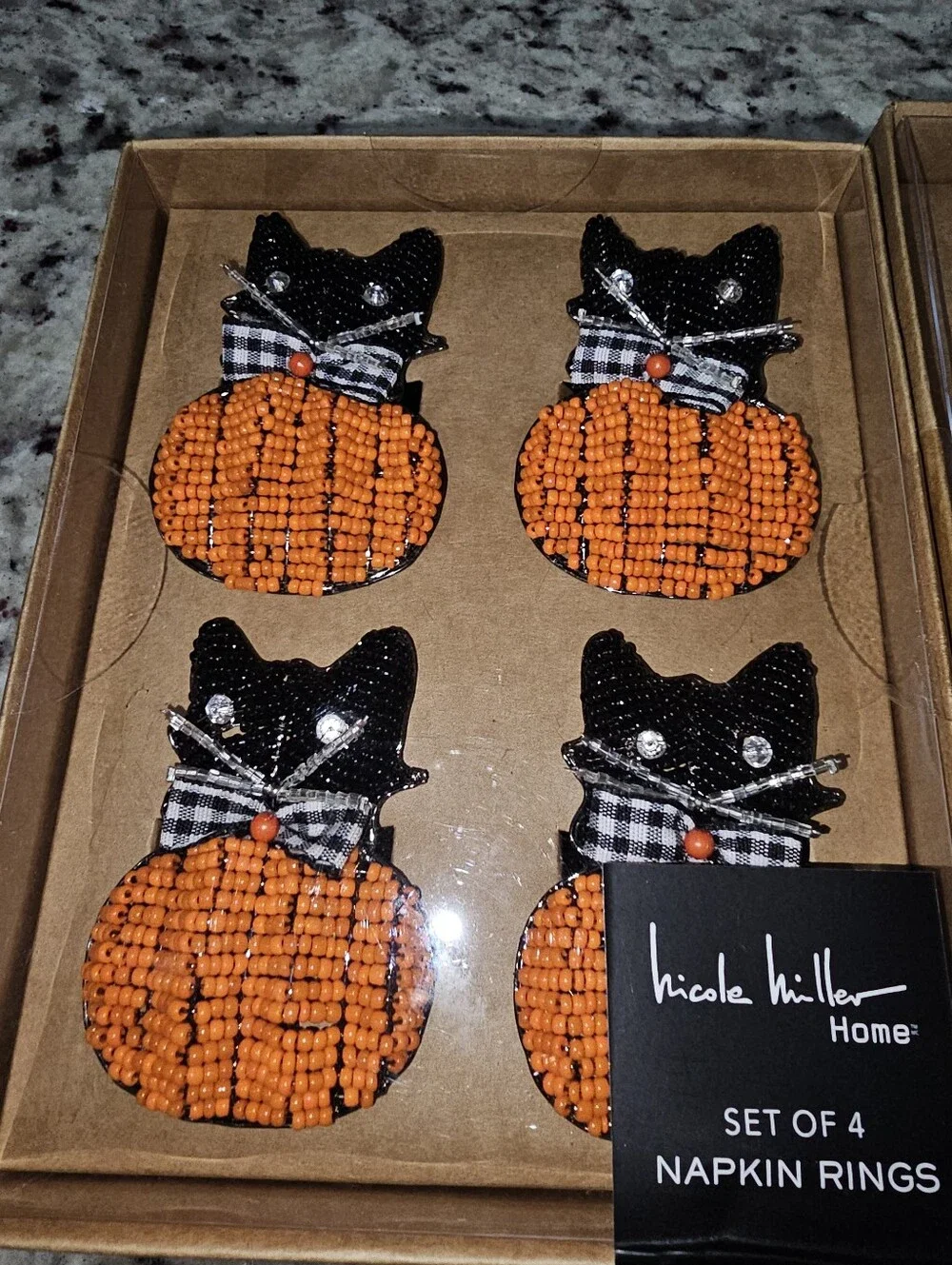 Nicole Miller Cat Beaded Pumpkin Halloween Fall Napkin Rings - 8 Total NEW